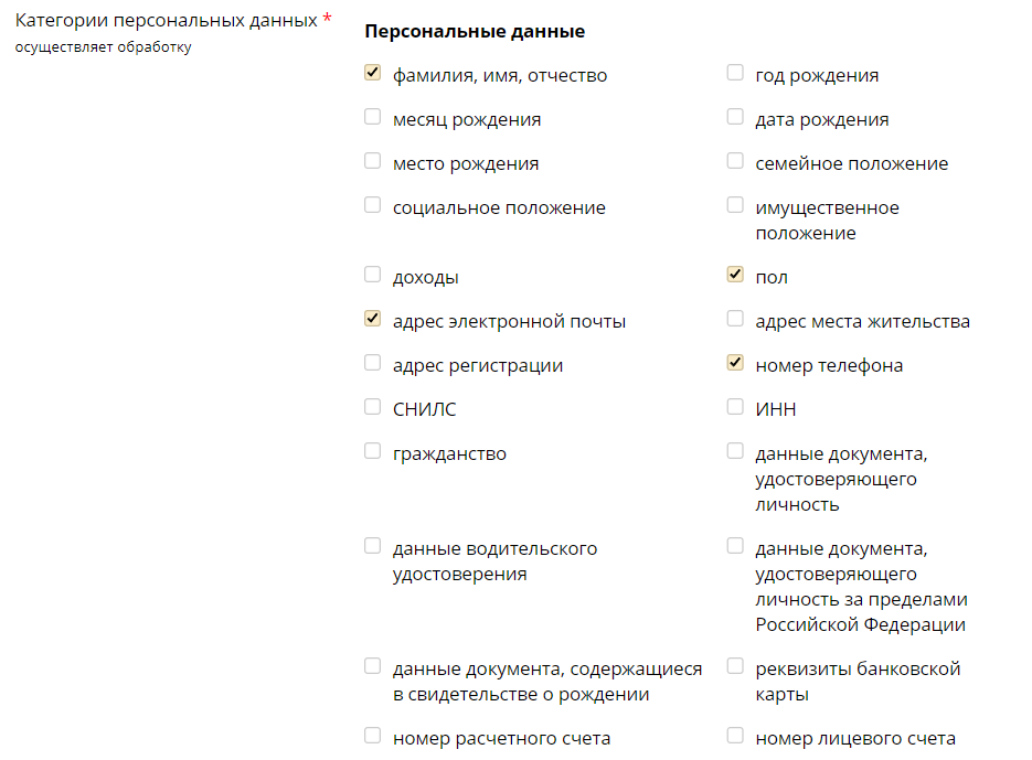 персональных данных (пример заполнения)